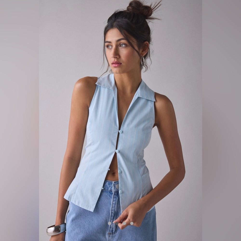 Urban Outfitters Party Girl Cotton Blend Button Down Sleeveless Top in Blue